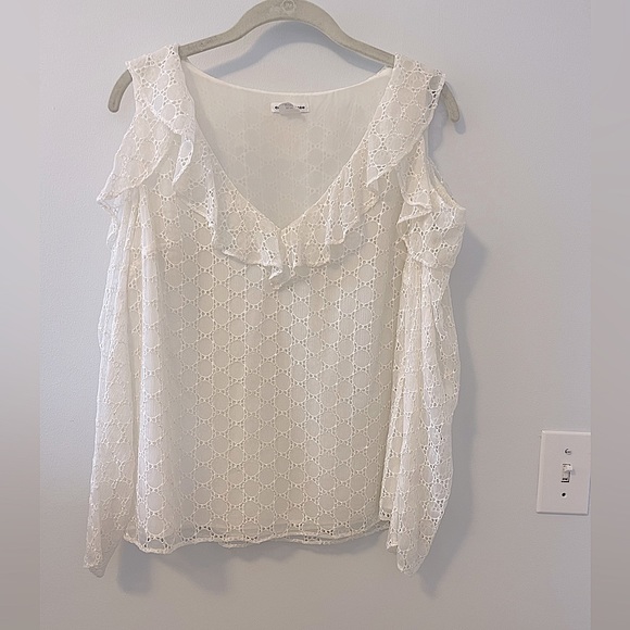 Club Monaco Silk Eyelet Long Sleeve V Neck Ruffle Top in White - M - Picture 5 of 7